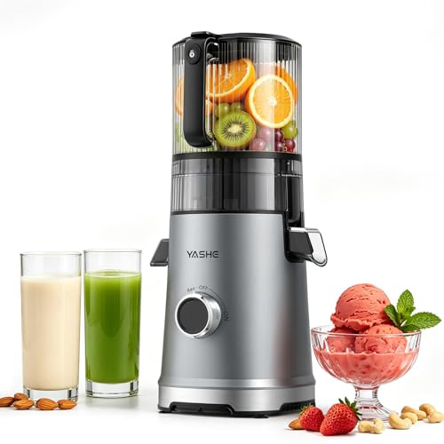 YASHE Extractor de Zumos Prensado en Frío 600W, Boca XL 152 mm para Frutas y Verduras Enteras, Filtro 3 en 1 (Zumo, Sorbete, Leche Vegetal), Alto Rendimiento, Apto Lavavajillas, Sin BPA