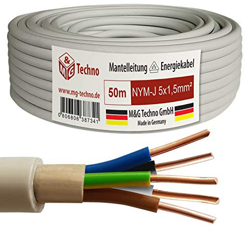 M&G Techno 50m NYM-J 5x1,5 mmІ Mantelleitung Feuchtraumkabel Elektrokabel Kupfer Made in Germany, 10629