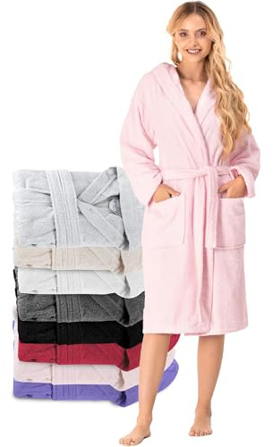 Twinzen Bademantel Damen - 100% Baumwolle (350g/m²) OEKO-TEX® Zertifiziert - Morgenmantel Damen mit Kapuze, 2 Taschen, Gürtel - Rosa - M