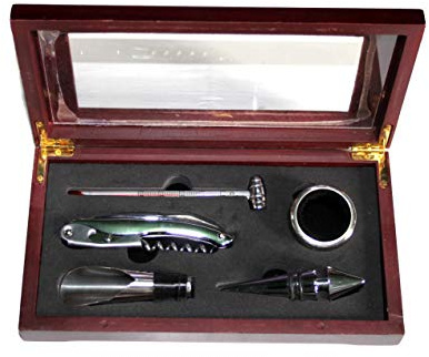 SET PARA VINOS EN ESTUCHE MADERA SACACORCHOS DESCAPSULADOR TERMOMETRO ESCANCIADOR 22,5X12X3,5 CMS