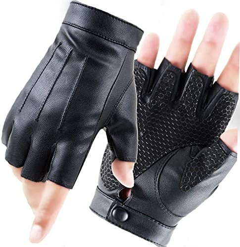 LJCZKA Fingerless PU Leather Gloves for Men Women, Black Faux Leather Gloves Half Finger with Anti-Slip Layer for Driving Riding Outdoor (Black)