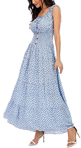 OSTOO Maxi Abito Lungo da Donna Estivo Boho con Stampa Floreale a più Livelli, Casual, fluente, Blu, S