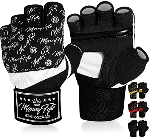 Quick Gel Boxing Wraps Under Boxing Gloves - Kickboxing MMA Muay Thai - Fist, Knuckle, Wrist Wrap Protection Inner Glove Hand Wraps - Men Women Kids - MoneyFyte (Black/White, L/XL)