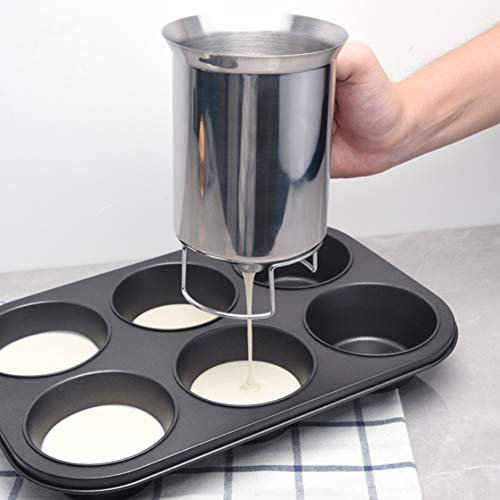 Tuzsocr Dispenser per pastella in acciaio inox, imbuto per pastella per pancake, waffle, cupcake, pastella, dispenser, crepes e impasto, imbuto portatile per muffin e torte (argento)