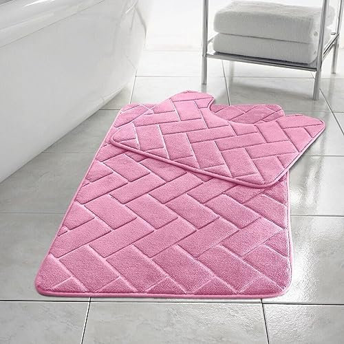PARADISE STAR Block Memory Foam Bath Mat Extra Absorbent, Soft & Comfortable, Non Slip Bathroom Rug and Pedestal Bath Mat Set COLOUR BLUSH PINK