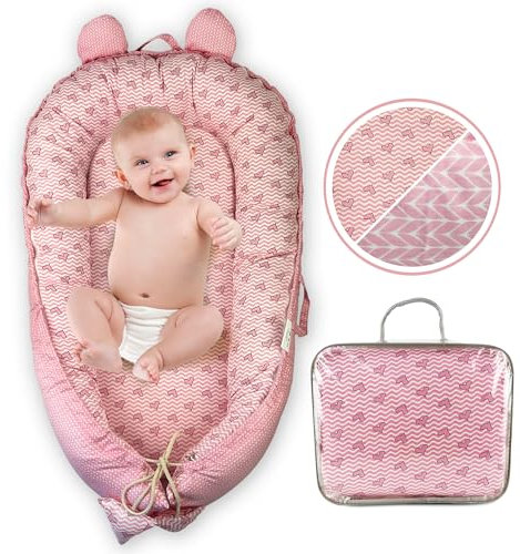 Nido neonato 90x50cm - Letto nido per bebè - Riduttore per culla - Mini culla - Cesta per neonato - Culla portatile o da viaggio - Mussola leggera 80x80cm - 100% cotone (Cuori rosa)