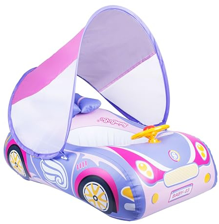 Baby Swimming Float, Toddler Baby Inflatable Pool Float with Sun Canopy Seat for 1-4 Years, Baby Girl Inflatable Baby Swimming Ring Pool Float for 12-48 Months Toddler Kids (Pink Car)