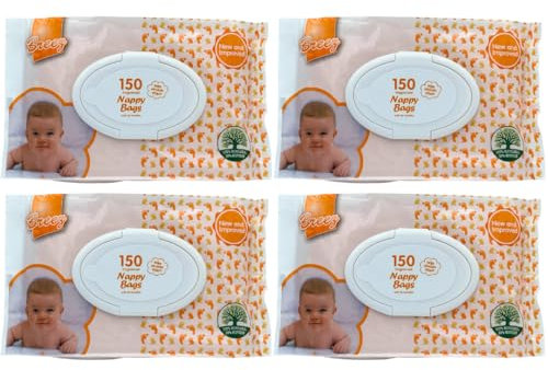 LND Gifts Fragranced Nappy Sacks - 4 Packs Of 150 (600 in total) Nappy bags Must Have Essential for Hygienic and Odour-Free Disposal of Nappies Portable Disposable Nappy Bag Scented Nappy Bags