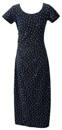 Damen Kleid im sanften Stil mit plissierter Taille und Blumendruck, Sommerkleid mit O-Ausschnitt, kurzen Ärmeln, mittellang, Dunkelblau, L