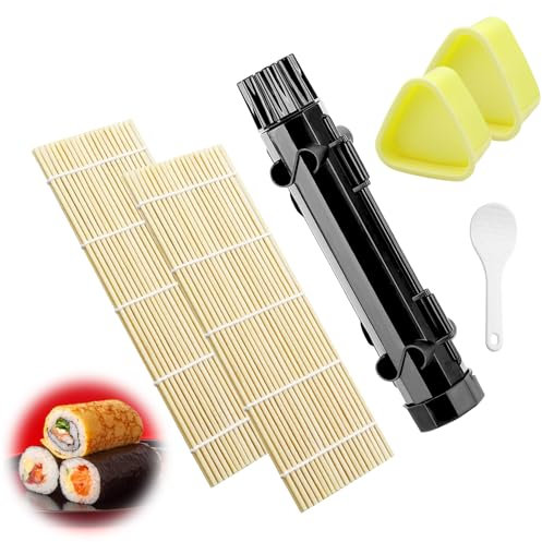 Morocket 6 Pcs Sushi Making Kit, Multifunctional Sushi Maker, Sushi Roller with 2 Sushi Mat, 2 Onigiri Mould, Portable DIY Sushi Production Kit, Premium Sushi Set, for Picnic Travel Party (Black)