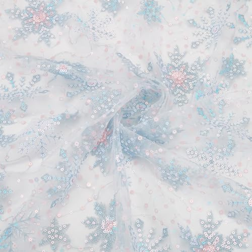BENECREAT 90 x 156 cm tulle paillettes fiocco di neve tessuto organza trasparente blu chiaro pizzo maglia ricamato fiocchi di neve per abbigliamento vestito vele decorazioni natalizie tenda