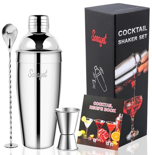 Sosayet kit Cocktail, Shaker Cocktail 750 ML + Doseur Cocktail + Pilon, Professionnel Kit Barman Mojito pour Cadeau Homme