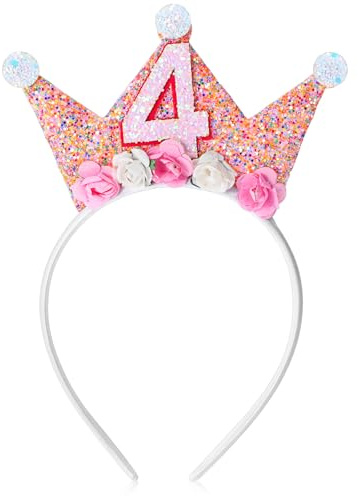 Abeillo 4 Jahr Geburtstagskrone,Mädchen Prinzessin 4 Jahre Krone Geburtstag,Geburtstag Krone Stirnband mit Rose Blumen,Geburtstagskrone Mädchen,Baby Partyhüte Party Deko