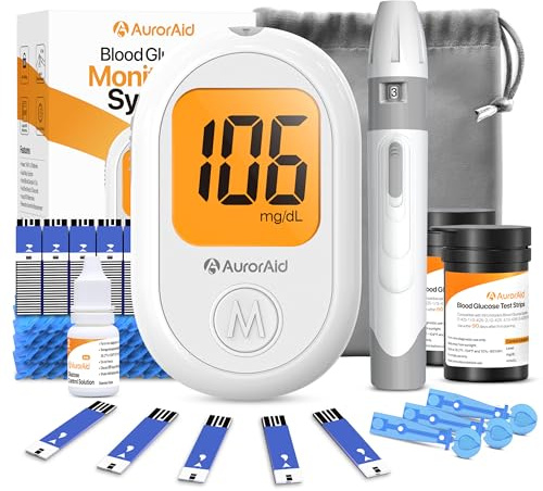 AurorAid G-426 Blood Glucose Monitor Kit - 100 Test Strips and 100 Lancets for Home Use, 500 Memory, Glucometer with Control Solution, No Coding, Diabetes Testing, Blood Glucose Monitoring System