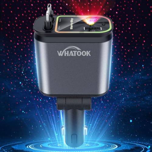 WHATOOK 4-in-1 Einziehbares Auto Ladegerät mit Sternenhimmel LED,66W Handy Schnelles Autoladegerät Zigarettenanzünder USB-C/USB-A, 2 Ladekabel für iPhone, Samsung Galaxy, Google Pixel, Tablets