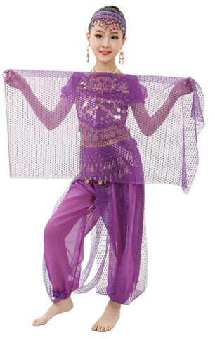 DaPongZhi Disfraz de Danza del Vientre para Niña Trajes De Danza del Vientre para Niñas Top Disfraz de Carnaval Trajes de Danza Ropa de Danza India Top + Pantalón + Cintura + Velo + Diadema + Pulsera