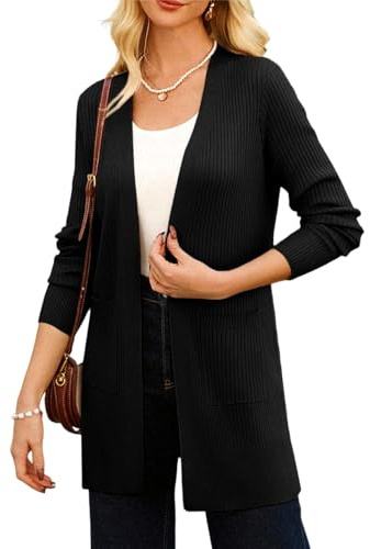 Womens Black Solid Cardigan Long Sleeve Open Front Ribbed Knit Cardigan Soft Knitted Jacket Black M