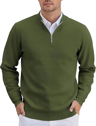 COOFANDY Hombres Jersey 1/4 Cremallera Cuello Alto Jersey de Punto Jumper de Invierno Manga Larga Cremallera Jumper de Cuello Alto Suéter Sweater de Trabajo para Los Hombres Verde Militar M