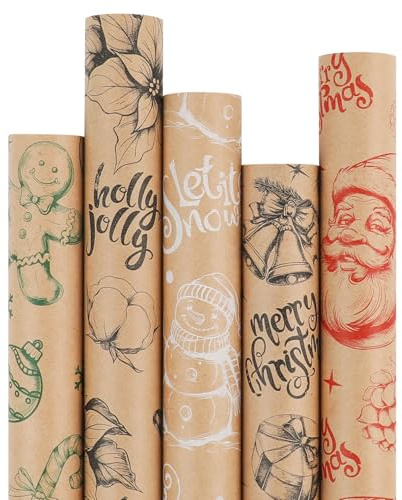 WRAP STORM Christmas Wrapping Paper Set – 5 Rolls (43cm x 3m) – Vintage Kraft Paper with Santa, Gingerbread, Tree Designs – Gift Wrap for Xmas