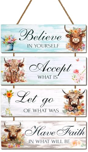Highland Cow Gifts For Women, 4pcs Wooden Inspirational Sign, Highland Cow Pictures Inspirational Quotes Decor For Bedroom, Farmhouse, Kitchen, Office Wall Art Ornaments (Highland Cow Gifts)