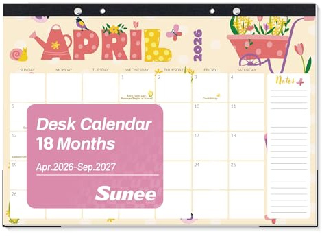 SUNEE Desk Calendar 2026 17x12, 18 Months, Apr. 2026 to Sep. 2027, Academic Calendar 2026-2027, School Year Large Desktop Calendar Monthly for Teacher, Cute with Note