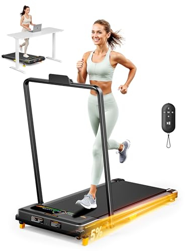WALK WAKE Cinta de Correr con 5% de Inclinación, Cinta de Andar Compacta para Casa y Oficina, Carga máx. 150KG Motor Silencioso 2,5 HP, Walking Pad con Pantalla LED & Control Remoto 1-6km/h Amarillo