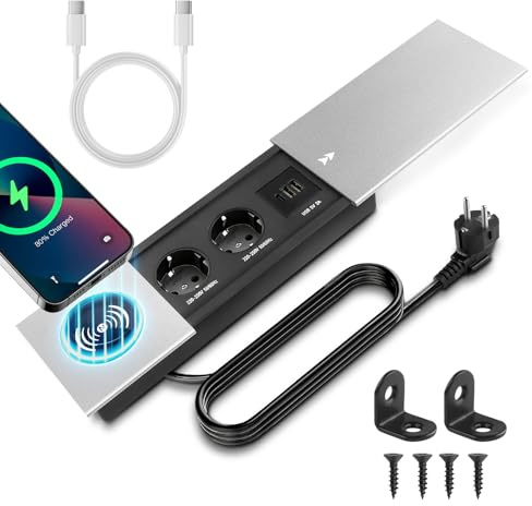 Presa da incasso a scomparsa con coperchio, 2 scomparti, USB C PD, presa da tavolo, presa a scomparsa, per scrivania, cucina, ufficio, tavolo da conferenza, colore argento
