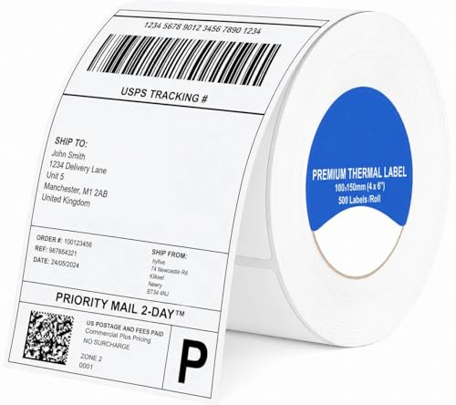 100 x 150 mm (4x6) Direct Thermal Shipping Labels 500 Labels on 1 Roll Premium White Self-Adhesive Labels Roll Compatible with Zebra & MUNBYN Printers for Amazon Royal Mail