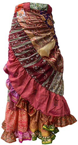 Little Kathmandu - Gonna lunga da donna in seta con patchwork asimmetrico