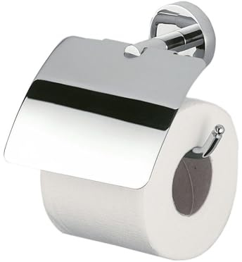 INDA Porte-rouleau pour papier toilette basculant avec couvercle (14,4 x 6,6 x 13,7 cm) | Série Forum, en laiton, facile à installer, avec vis et chevilles, anti-corrosion, design essentiel - chromé
