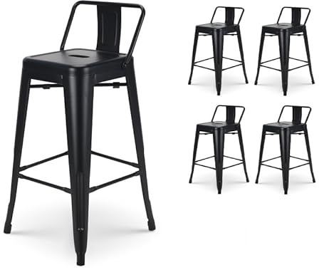 Kosmi - Lotto di 4 sgabelli da bar in metallo nero opaco con schienale piccolo, sedie da bar o sgabelli in metallo altezza 76 cm perfetti per tavolo da 100 cm e oltre