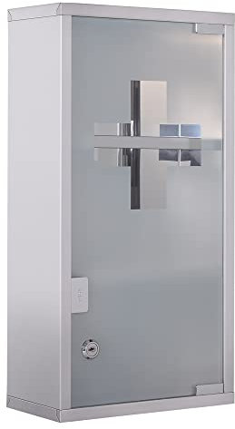 HOMCOM Armadietto Porta Medicinali, Pronto Soccorso Cassetta Medicine in Acciaio Porta in Vetro e 2 Chiavi 48x25cm