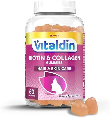 VITALDIN Biotine & Collagène Gummies – Beauté Complément – 2.500 mcg Biotine, Vitamines C et E – 60 Gommes (pour 1 mois), Saveur d'agrumes – Aide à Maintenir les Cheveux et la Peau – Sans Gluten