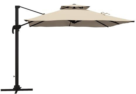 Outsunny Sonnenschirm ca. 3 x 3 m 360 grad schwenkbar Ampelschirm Gartenschirm mit Handkurbel Terrassenschirm für Balkon Alu Khaki