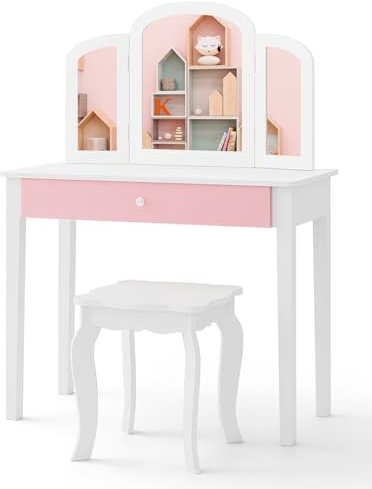 COSTWAY Kinder 2 in 1 Schminktisch Set, Frisiertisch mit dreifach klappbarem Spiegel & Schublade, Prinzessinnen Kosmetiktisch mit Schminkhocker, Schminkkommode Kindertisch für Kinder Mädchen (Weiß)