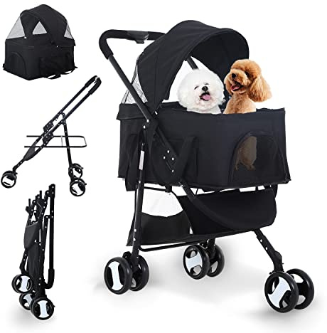 Dog Stroller Cat Stroller Pet stoller 3-in-1 Folding Dog Stroller for Small Medium Dogs Cats with Detachable Carrier Storage Basket Waterproof Lightweight for Travel,Black