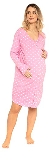 i-Smalls Maternity Nightdress 100% Cotton Soft & Stretchy Button-Front Nursing Nightie Pregnancy & Postpartum Sleepwear (Pink) 20-22