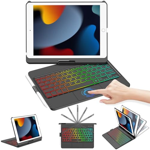 CC Store Teclado para iPad 9 Generacion,Teclado Español Ñ Bluetooth de Carcasa Rígida Giratoria 360° con Touchpad y 7 Colores de Retroiluminación para iPad 10.2 9ª/8ª/7ª Gen, Negro