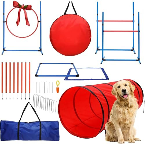 15-teiliges Agility-Kurs-Hinterhof-Set für Hunde - Agility-Trainingsgeräte-Set für Hunde beinhaltet: Agility-Tunnel, 3 Agility-Sprünge für Hunde, 8 Agility-Gewebestangen und mehr - Bestes