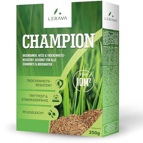 LERAVA CHAMPION - Rasensamen dürreresistent - geeignet für trockene und sonnige Standorte - trittfest und strapazierfähiger Grassamen - resistente Nachsaat - 10m²