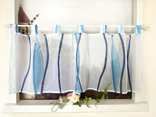 Devola Scheibengardine mit Wellenmuster Gardine Druck Kurzstore mit Schlaufen Küchengardine Kurz Modern Voile Bistrogardine Transparent HxB 45x90cm Blau 1 Stück