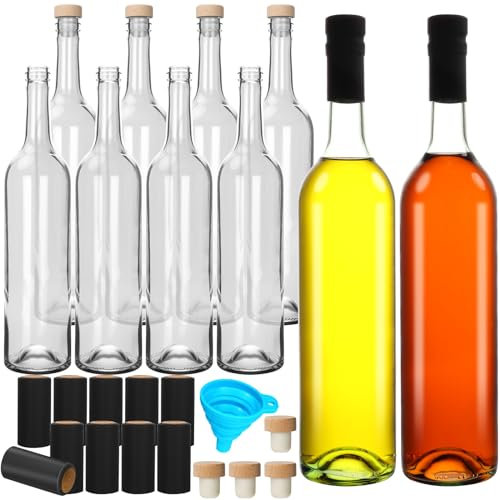 DHSBTLS Lot de 10 bouteilles en verre de 750 ml avec couvercles en liège et bouchons rétractables pour vin de bordeaux, boissons, vin pétillant, kéfir, décoration