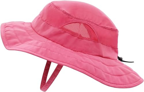 Magracy Kids Adventure Mesh Sun Hat Wide Brim UPF 50+ Beach Hat Adjustable for Boys Girls Bucket Hat Chin Strap Rose Red