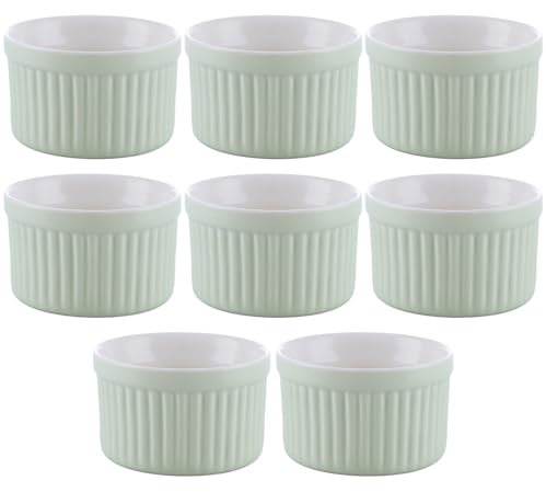 LDXDRU 8 Pack 110ml / 4oz Green Porcelain Ramekin Set, 7.5cm Creme Brulee Ramekins Pudding Custard Cups, Small Dipping Bowls Mini Baking Cups for Souffle Jams Cupcakes Muffin Ice Cream