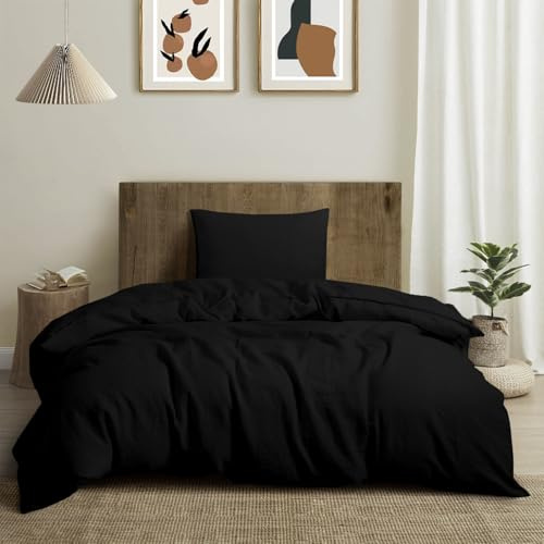 CHUFFED Ropa de cama de lino de 155 x 220 cm, 2 piezas, 100% lino natural, 1 funda nórdica de 155 x 220 cm y 1 funda de almohada de 80 x 80 cm con cremallera, suave y transpirable, color negro