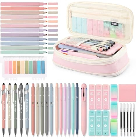 56 PCS Aesthetic School Supplies with Large Pencil Case, 5 Inspirational Ballpoint Pens, 12 Pastel Highlighters, 5 Black Ink Gel Pens, 6 Mechanical Pencils 0.5-0.7mm College Student Essentials (Pink)