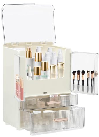 Organizador de maquillaje, tapa transparente, 2 cajones, doble puerta, caja de almacenamiento, soporte para cosméticos, tocador, organizador blanco + rosa + estante transparente para dormitorio baño