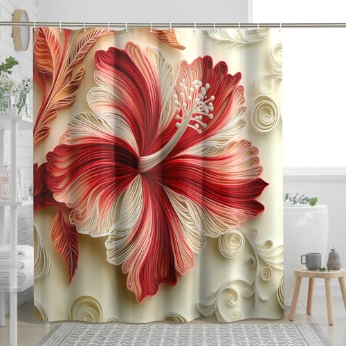 DESIHOM Paper Quilling Hibiscus Shower Curtain Set 72 W x 78 L, Art Floral Bathroom Decor, 3D Flower Printed Fabric Bath Accessories