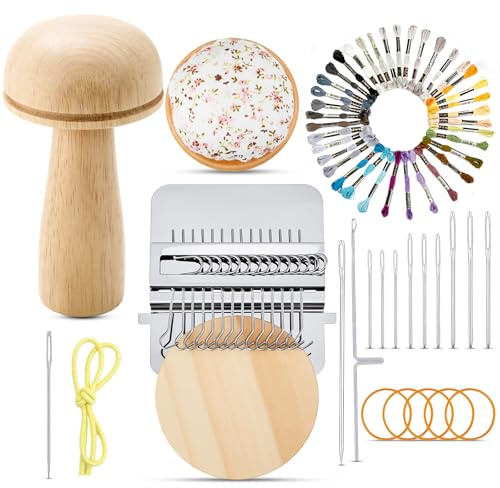 Jexine Mini Darning Mushroom for Socks, 14 Hooks, Speedweve Style Small Loom with 9 Large Eye Needles 50 Colors Yarn for DIY Craft Repair