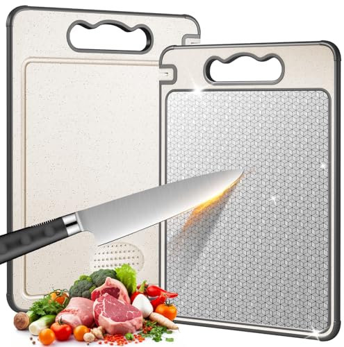 Doppelseitiges Schneidebrett, Lebensmittelechter 304 Edelstahl und Stroh PP, Robust, Kratzfestes Netzdesign für die Getrennte Handhabung von Fleisch und Gemüse, Spülmaschinenfest (36,5 x 25cm)